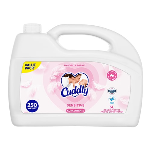 Cuddly Sensitive Hypoallergenic Concentrated Fabric Conditioner 5L Value Pack, 250 washes, dermatologically tested for eczema, made in Australia.