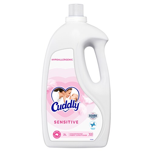 Cuddly Sensitive Hypoallergenic Concentrated Fabric Conditioner 2L bottle, made in Australia, suitable for eczema and sensitive skin.