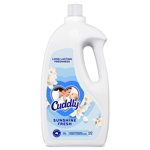 Cuddly Sunshine Fresh Concentrated Fabric Conditioner 2L, long lasting freshness, 100 washes, made in Australia, white bottle with blue label.