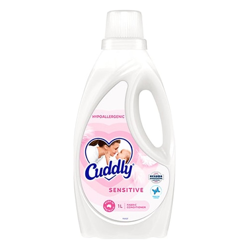 Cuddly Sensitive hypoallergenic fabric conditioner in a white 1-liter bottle.