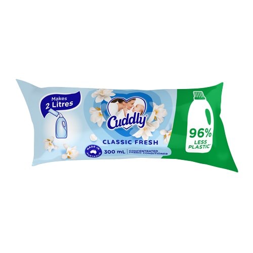 Cuddly Classic Fresh concentrated fabric conditioner refill sachet, 300ml pouch that makes 2 liters with 96% less plastic