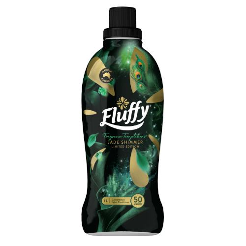Fluffy fabric softener bottle, Jade Shimmer limited edition, 50 washes, green-and-gold peacock design.