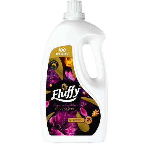Fluffy Fragrance Temptations Spice Allure Fabric Conditioner 2L, 100 washes, made in Australia, white bottle with purple and gold floral label.