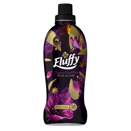 Fluffy Fragrance Temptations Spice Allure Fabric Conditioner 1L, 50 washes, made in Australia, elegant purple bottle with gold and floral accents.