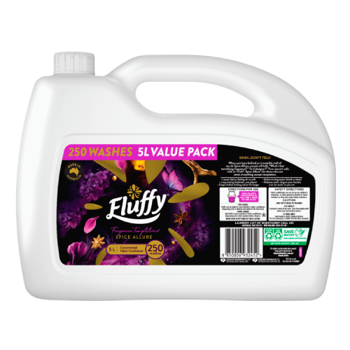 Fluffy Fragrance Temptations Spice Allure Fabric Conditioner 5L Value Pack, 250 washes, made in Australia, white bulk container with purple label.