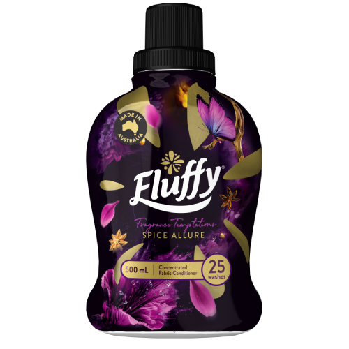 Fluffy Fragrance Temptations Spice Allure Fabric Conditioner 500mL, 25 washes, made in Australia, purple bottle with gold floral and butterfly design.