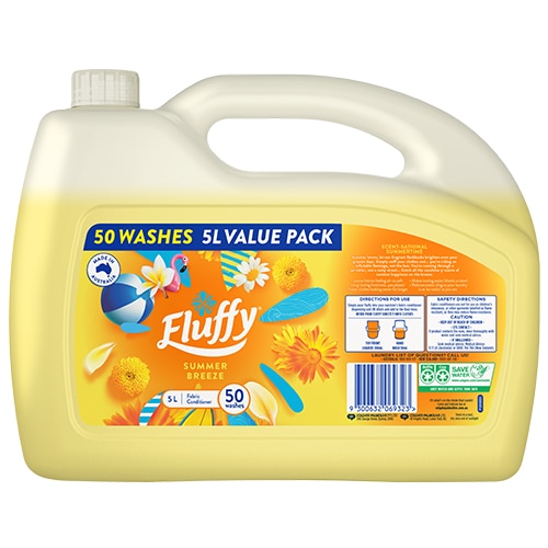 Fluffy Summer Breeze fabric conditioner 5-liter Value Pack, providing up to 50 washes in a large yellow container.