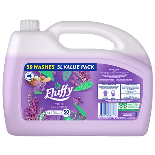 Fluffy White Lavender fabric conditioner 5-liter Value Pack, providing up to 50 washes in a large purple container.