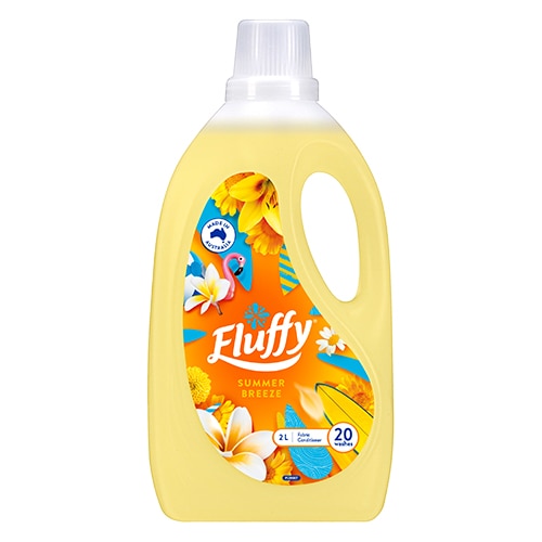 Fluffy Summer Breeze concentrated fabric conditioner in a yellow 2-liter bottle, providing up to 20 washes