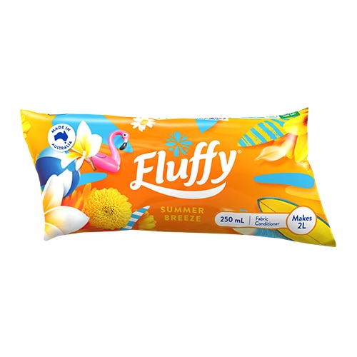 Fluffy Summer Breeze fabric conditioner refill sachet, 250ml pouch that makes 2 liters of fabric softener.