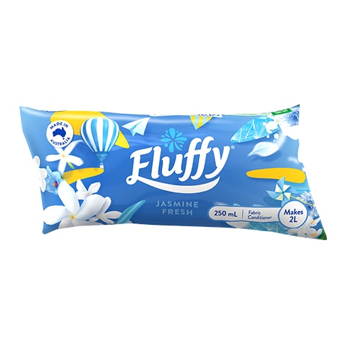 Fluffy Jasmine Fresh fabric conditioner refill sachet, 250ml pouch that makes 2 liters of fabric softener
