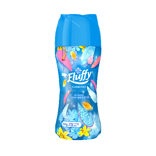 Fluffy Cloud Nine In-Wash Scent Booster 250g, long lasting freshness, blue bottle with floral design, provides extra fragrance for laundry.