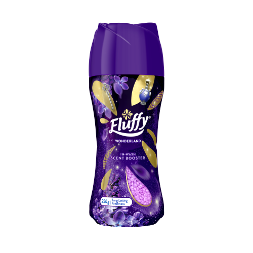 Fluffy Wonderland In-Wash Scent Booster 250g, long lasting freshness, purple bottle with gold accents and floral design for laundry fragrance.