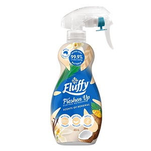Fluffy Freshen Up Clothes Refresher Spray 400mL, Scents of Renewal, kills 99.9% of bacteria, releases creases, made in Australia, coconut and vanilla.