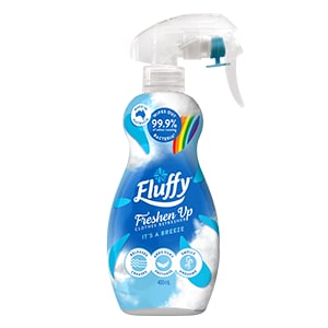 Fluffy Freshen Up Clothes Refresher Spray 400mL, kills 99.9% of bacteria, reduces wrinkles and odors, It's a Breeze scent, made in Australia.