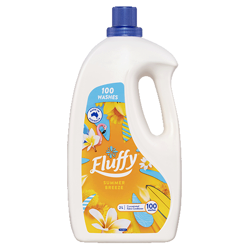 Fluffy Summer Breeze concentrated fabric conditioner 2L bottle with 100 washes, flamingo, and floral design.