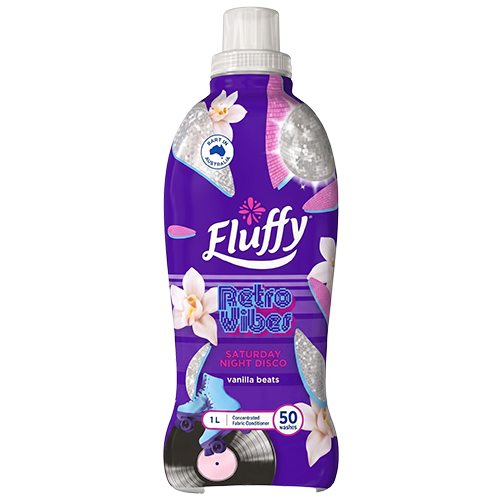Fluffy Retro Vibes Saturday Night Disco fabric conditioner 1L bottle with vanilla beans and roller skate graphics.