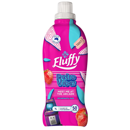 Fluffy Retro Vibes Meet Me At The Arcade fabric conditioner 1L bottle with strawberry pop scent and arcade graphics.