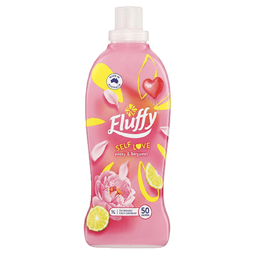Fluffy Self Love Peony & Bergamot concentrated fabric conditioner 1L bottle with pink petals and citrus illustrations.