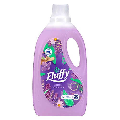 Fluffy White Lavender concentrated fabric conditioner in a purple 2-liter bottle, providing up to 20 washes.