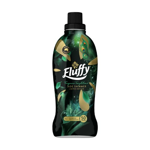 Fluffy fabric softener bottle, Jade Shimmer limited edition, 50 washes, green-and-gold peacock design.