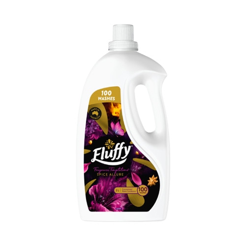 Fluffy Fragrance Temptations Spice Allure Fabric Conditioner 2L, 100 washes, made in Australia, white bottle with purple and gold floral label.