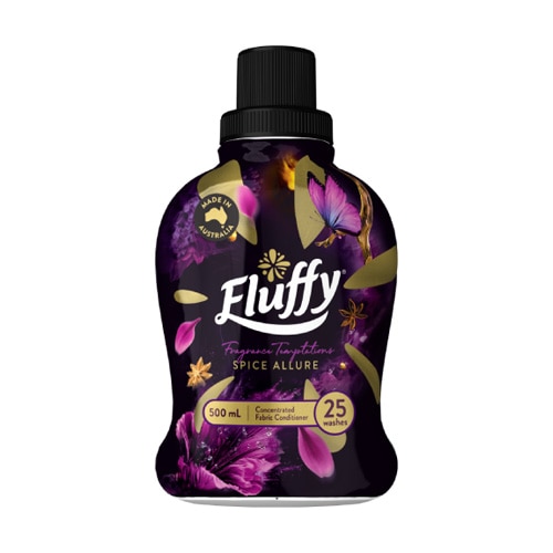 Fluffy Fragrance Temptations Spice Allure Fabric Conditioner 500mL, 25 washes, made in Australia, purple bottle with gold floral and butterfly design.