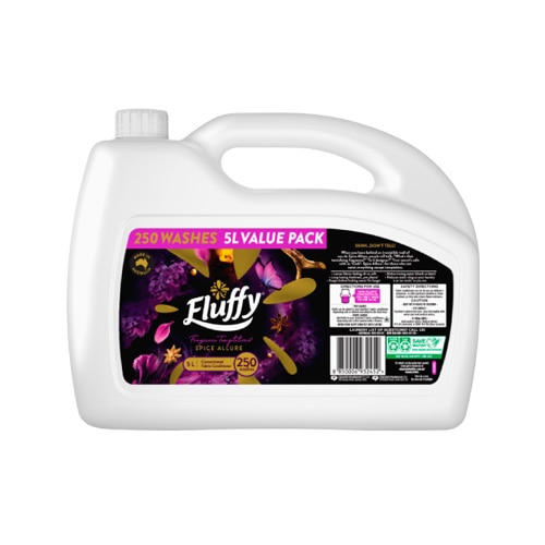 Fluffy Fragrance Temptations Spice Allure Fabric Conditioner 5L Value Pack, 250 washes, made in Australia, white bulk container with purple label.
