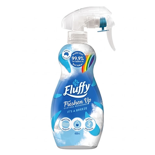 Fluffy Freshen Up Clothes Refresher Spray 400mL, kills 99.9% of bacteria, reduces wrinkles and odors, It's a Breeze scent, made in Australia.
