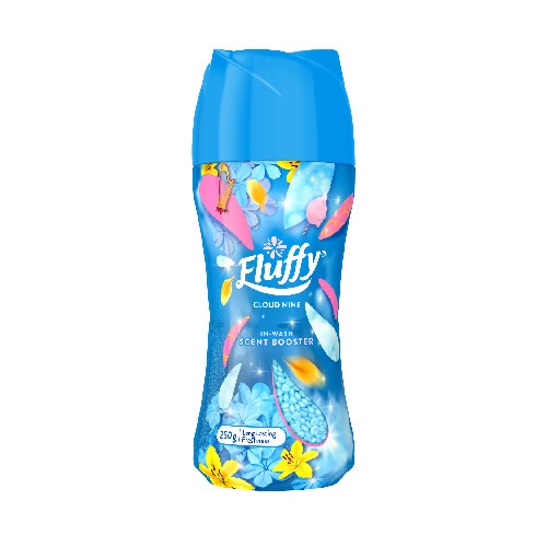 Fluffy Cloud Nine In-Wash Scent Booster 250g, long lasting freshness, blue bottle with floral design, provides extra fragrance for laundry.