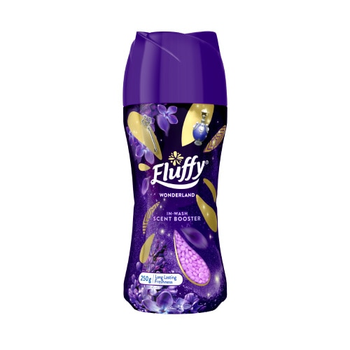 Fluffy Wonderland In-Wash Scent Booster 250g, long lasting freshness, purple bottle with gold accents and floral design for laundry fragrance.