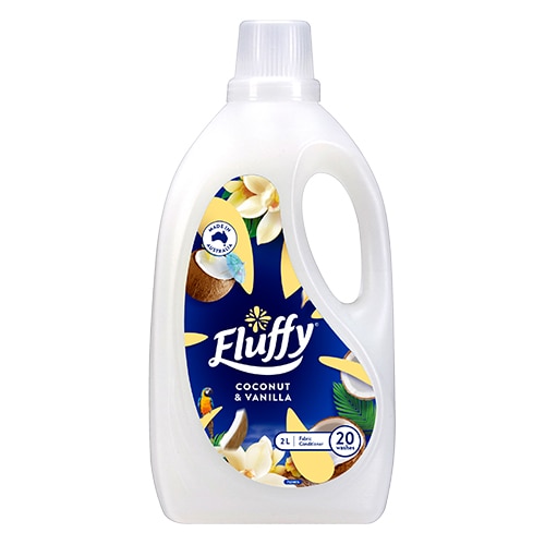 Fluffy Coconut & Vanilla concentrated fabric conditioner in a white 2-liter bottle, providing up to 20 washes.