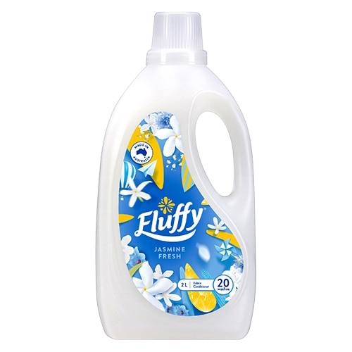 Fluffy Jasmine Fresh concentrated fabric conditioner in a white 2-liter bottle, providing up to 20 washes.