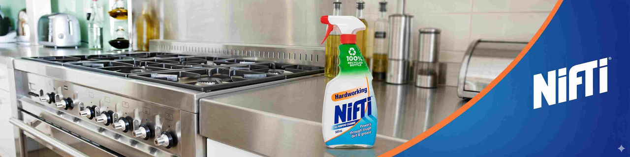 Nifti All Purpose Cleaner product banner with brand logo and a modern kitchen background.