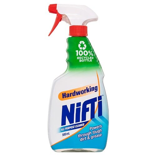 Front view of Nifti 500mL All Purpose Cleaner, featuring a green trigger spray head and the blue brand logo. The clear bottle clearly displays the product's liquid and key selling point: tackling tough dirt and grease.